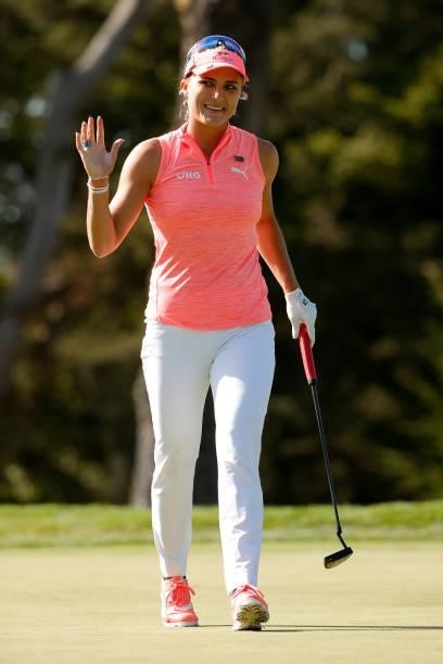 Lexi Thompson of the United States reacts to a birdie putt on the 14th hole during the third round of the 76th U.S. Women's Open Championship at The...