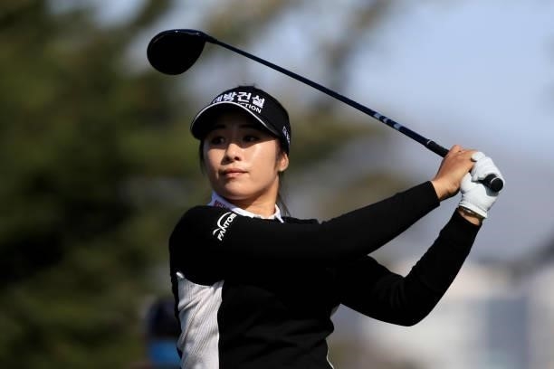 Jeongeun Lee6 of South Korea hits her tee shot on the 12th hole during the third round of the 76th U.S. Women's Open Championship at The Olympic Club...