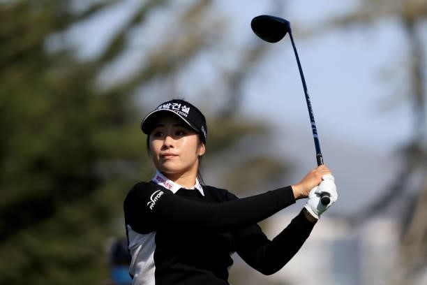 Jeongeun Lee6 of South Korea hits her tee shot on the 12th hole during the third round of the 76th U.S. Women's Open Championship at The Olympic Club...
