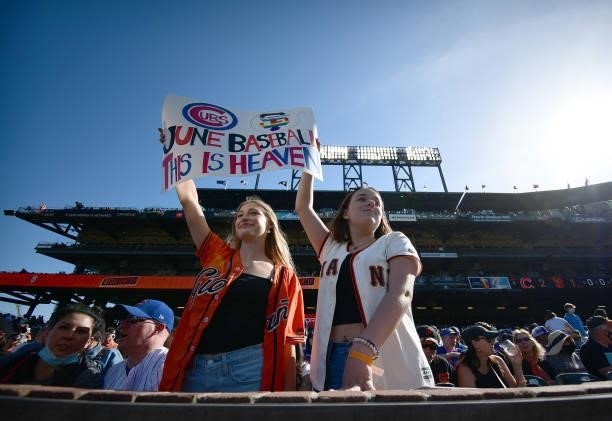 San Francisco Giants fans hold up their sign "June Baseball This Is Heaven