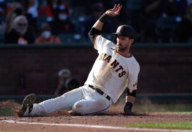 Steven Duggar of the San Francisco Giants scores on an RBI single from Chadwick Tromp against the Chicago Cubs in the bottom of the fourth inning at...