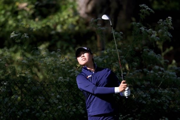 Yuka Saso of the Philippines chips from the rough on the 13th hole during the third round of the 76th U.S. Women's Open Championship at The Olympic...