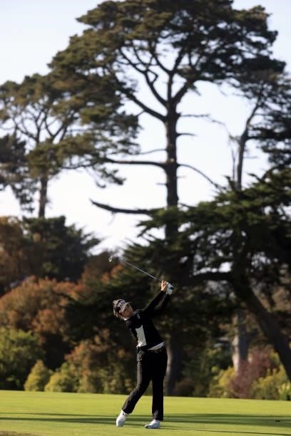 Jeongeun Lee6 of South Korea hits from the fairway on the 15th hole during the third round of the 76th U.S. Women's Open Championship at The Olympic...