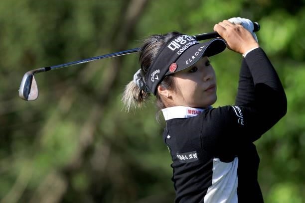 Jeongeun Lee6 of South Korea hits her tee shot on the 15th hole during the third round of the 76th U.S. Women's Open Championship at The Olympic Club...