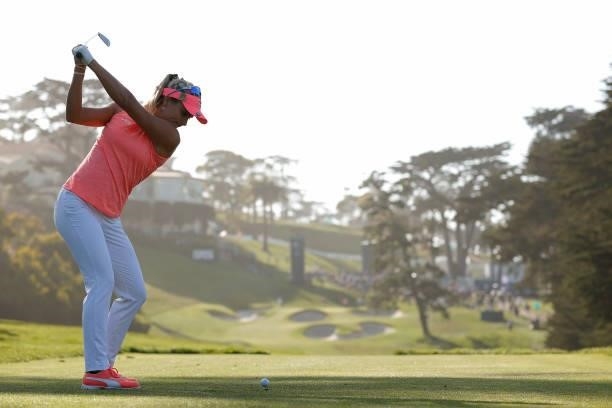 Lexi Thompson of the United States hits her tee shot on the 18th hole during the third round of the 76th U.S. Women's Open Championship at The...