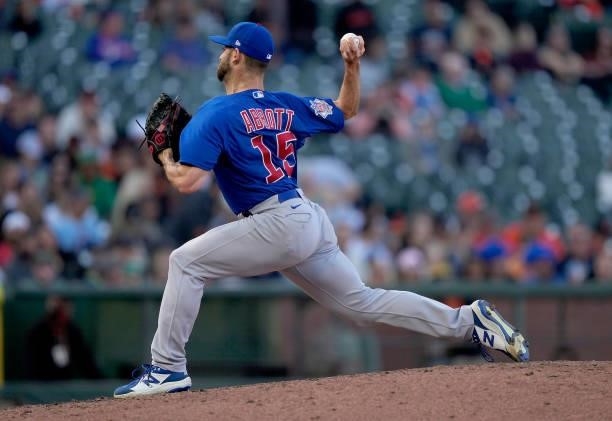 Cory Abbott of the Chicago Cubs pitches in his Major League debut against the San Francisco Giants in the bottom of the six inning at Oracle Park on...