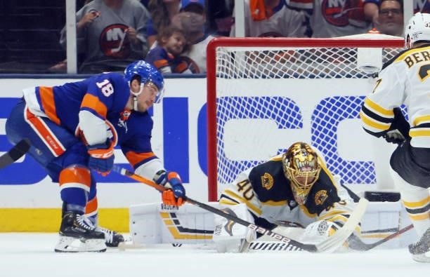 Tuukka Rask of the Boston Bruins makes the third period save on Anthony Beauvillier of the New York Islanders in Game Four of the Second Round of the...