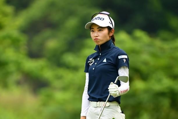 Yuka Yasuda of Japan reacts after her tee shot on the 3rd hole during the final round of Yonex Ladies at Yonex Country Club on June 6, 2021 in...