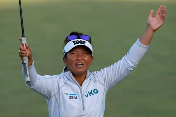 Megan Khang of the United States reacts after finishing the third round of the 76th U.S. Women's Open Championship at The Olympic Club on June 05,...