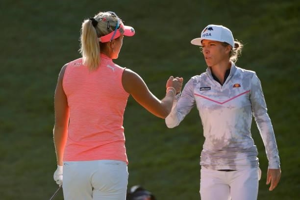 Lexi Thompson of the United States congratulates Mel Reid of England following the third round of the 76th U.S. Women's Open Championship at The...