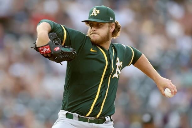 Starting pitcher Cole Irvin of the Oakland Athletics throws against the Colorado Rockies in the first inning at Coors Field on June 05, 2021 in...