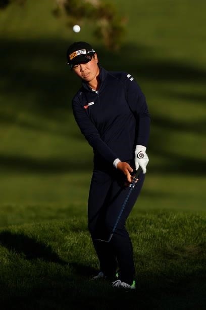 Yuka Saso of the Philippines chips on the 18th hole during the third round of the 76th U.S. Women's Open Championship at The Olympic Club on June 05,...