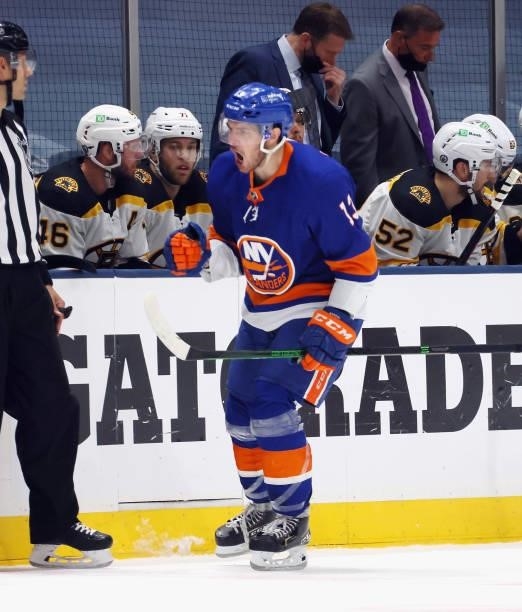 Mathew Barzal of the New York Islanders scores at 13:03 of the third period against the Boston Bruins in Game Four of the Second Round of the 2021...
