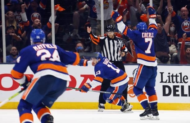Mathew Barzal of the New York Islanders celebrates his goal at 13:03 of the third period against the Boston Bruins in Game Four of the Second Round...