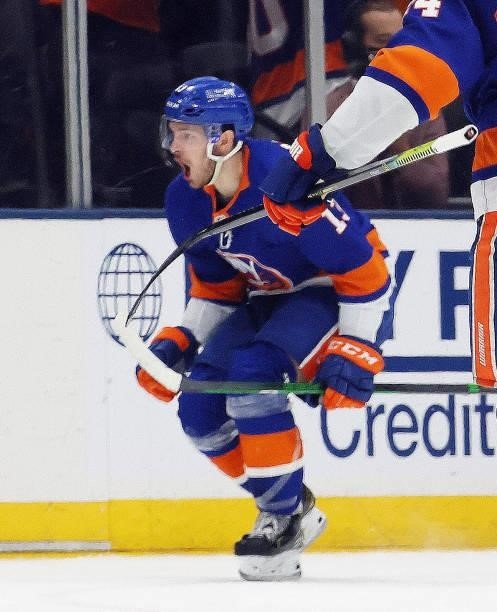 Mathew Barzal of the New York Islanders celebrates his goal at 13:03 of the third period against the Boston Bruins in Game Four of the Second Round...