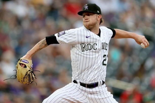Starting pitcher Kyle Freeland of the Colorado Rockies throws against the Oakland Athletics in the first inning at Coors Field on June 05, 2021 in...