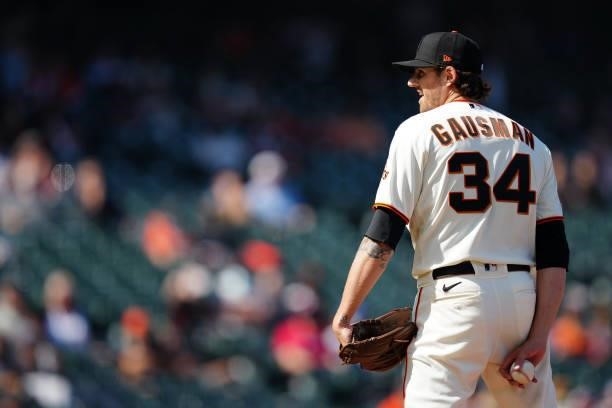 Kevin Gausman of the San Francisco Giants pitches during the game between the Chicago Cubs and the San Francisco Giants at Oracle Park on Saturday,...