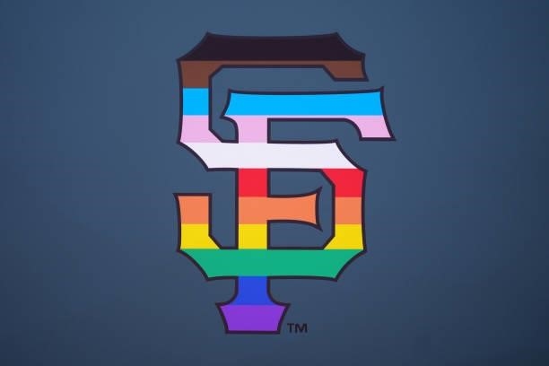San Francisco Giants logo in Pride colors can be seen before the game between the Chicago Cubs and the San Francisco Giants at Oracle Park on...