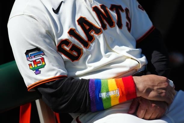San Francisco Giants logo in Pride colors can be seen on a member of the San Francisco Giants before the game between the Chicago Cubs and the San...