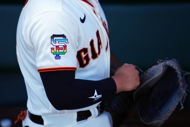 San Francisco Giants patch in Pride colors can be seen on a member of the San Francisco Giants before the game between the Chicago Cubs and the San...