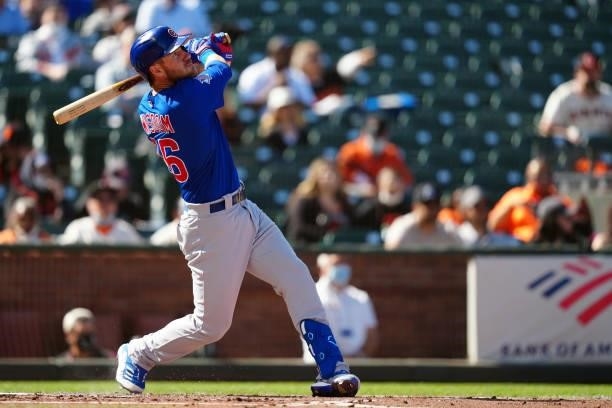 Patrick Wisdom of the Chicago Cubs hits a two-run home-run during the game between the Chicago Cubs and the San Francisco Giants at Oracle Park on...