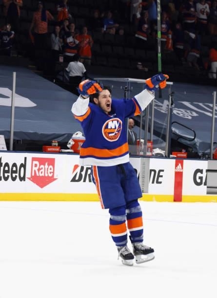 Mathew Barzal of the New York Islanders is named the number one star of the game against the Boston Bruins in Game Four of the Second Round of the...