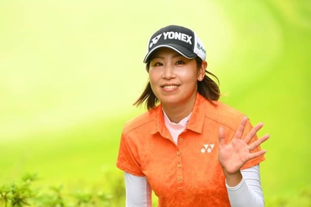 Maiko Wakabayashi of Japan waves on her way to the 4th tee during the final round of Yonex Ladies at Yonex Country Club on June 6, 2021 in Nagaoka,...