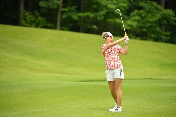 Mika Miyazato of Japan hits her second shot on the 5th hole during the final round of Yonex Ladies at Yonex Country Club on June 6, 2021 in Nagaoka,...