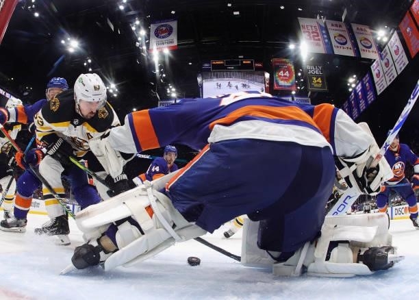 Semyon Varlamov of the New York Islanders makes the second period save on Brad Marchand of the Boston Bruins in Game Four of the Second Round of the...
