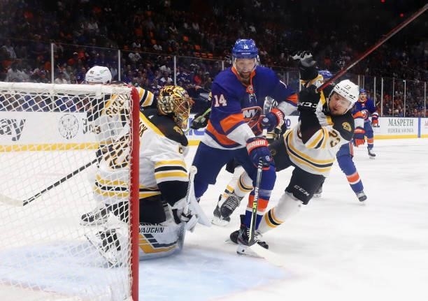Travis Zajac of the New York Islanders skates in on Tuukka Rask of the Boston Bruins in Game Four of the Second Round of the 2021 NHL Stanley Cup...