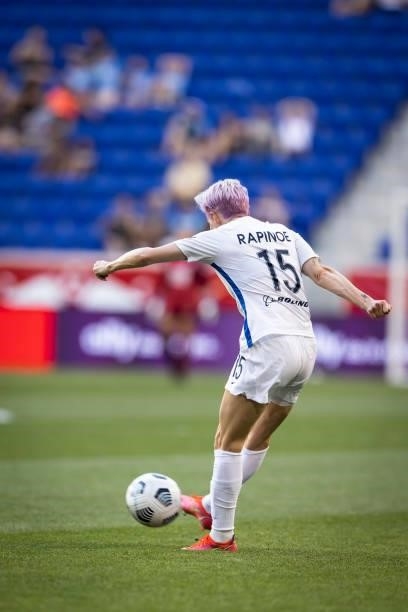 Megan Rapinoe of OL Reign shoots the ball during the first half of the match against NJ/NY Gotham FC at Red Bull Arena on June 5, 2021 in Harrison,...