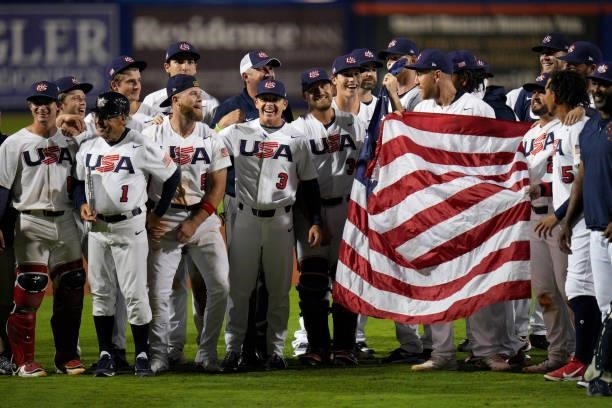The United States celebrates after defeating Venezuela 4-2 during the WBSC Baseball Americas Qualifier Super Round at Clover Park on June 05, 2021 in...