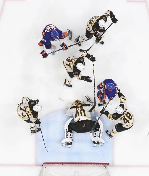Tuukka Rask of the Boston Bruins makes the save against the New York Islanders in Game Four of the Second Round of the 2021 NHL Stanley Cup Playoffs...