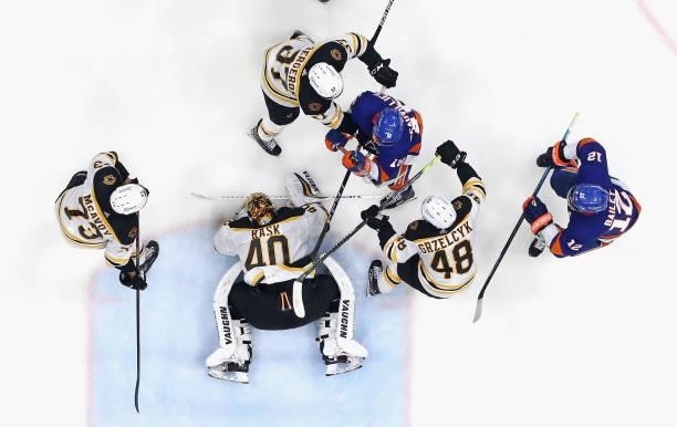 Tuukka Rask of the Boston Bruins makes the save against the New York Islanders in Game Four of the Second Round of the 2021 NHL Stanley Cup Playoffs...