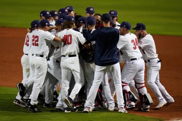 The United States celebrates after defeating Venezuela 4-2 during the WBSC Baseball Americas Qualifier Super Round at Clover Park on June 05, 2021 in...