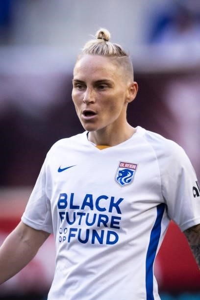 Jessica Fishlock of OL Reign looks on in the first half of the game against NJ/NY Gotham FC at Red Bull Arena on June 5, 2021 in Harrison, New Jersey.