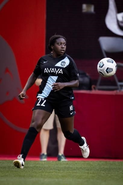 Mandy Freeman of NJ//NY Gotham FC controls the ball during the first half of the game against OL Reign at Red Bull Arena on June 5, 2021 in Harrison,...