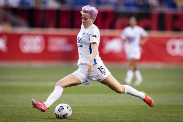 Megan Rapinoe of OL Reign shoots the ball during the first half of the game against NJ/NY Gotham FC at Red Bull Arena on June 5, 2021 in Harrison,...
