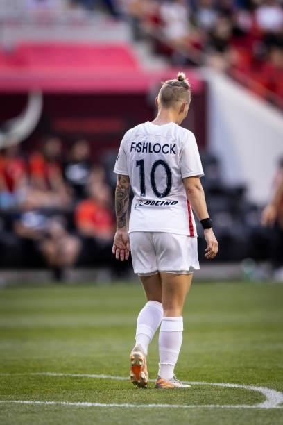 Jessica Fishlock of OL Reign reacts after a missed goal in the first half of the game against NJ/NY Gotham FC at Red Bull Arena on June 5, 2021 in...