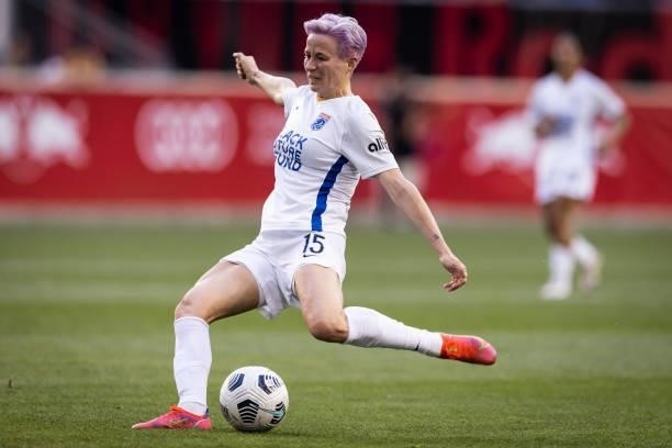Megan Rapinoe of OL Reign shoots the ball during the first half of the game against NJ/NY Gotham FC at Red Bull Arena on June 5, 2021 in Harrison,...