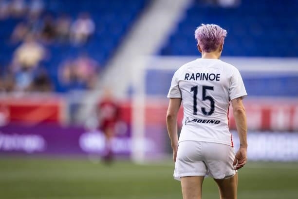 Megan Rapinoe of OL Reign reacts after a missed goal during the first half of the game against NJ/NY Gotham FC at Red Bull Arena on June 5, 2021 in...