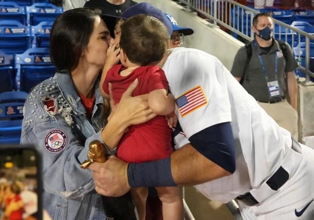 Eddy Alvarez of United States celebrate with his family after qualifying for the Olympics during the WBSC Baseball Americas Qualifier Super Round at...