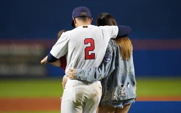 Eddy Alvarez of United States celebrate with his family after qualifying for the Olympics during the WBSC Baseball Americas Qualifier Super Round at...