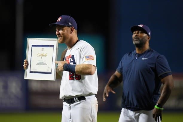 Todd Frazier of United States poses with the Championship certificate after deafeating Venezuela by score of 4-2 during the WBSC Baseball Americas...