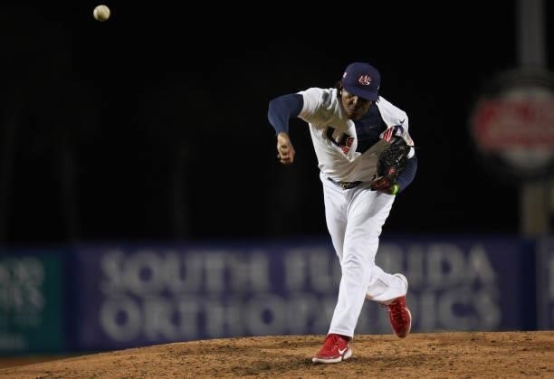 Edwin Jackson Jr. #33 of United States delivers a pitch in the eighth inning against the during the WBSC Baseball Americas Qualifier Super Round at...