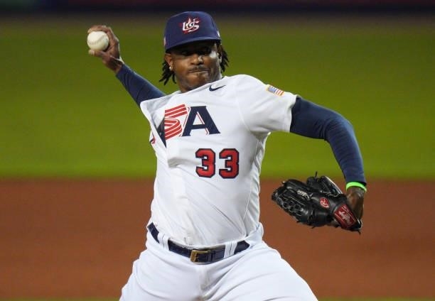 Edwin Jackson Jr. #33 of United States delivers a pitch in the seventh inning against the during the WBSC Baseball Americas Qualifier Super Round at...