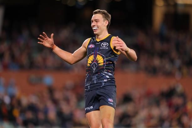 Riley Thilthorpe of the Crows celebrates during the round 12 AFL match between the Adelaide Crows and the Collingwood Magpies at Adelaide Oval on...