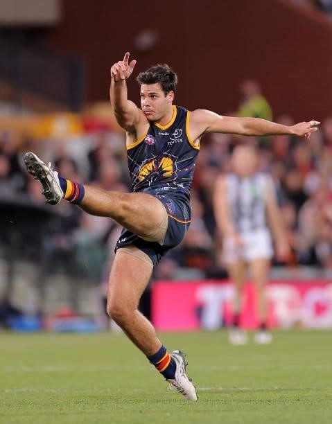 Darcy Fogarty of the Crows kicks the ball during the round 12 AFL match between the Adelaide Crows and the Collingwood Magpies at Adelaide Oval on...
