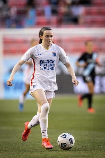 Rose Lavelle of OL Reign controls the ball during the second half of the game against NJ/NY Gotham FC at Red Bull Arena on June 5, 2021 in Harrison,...