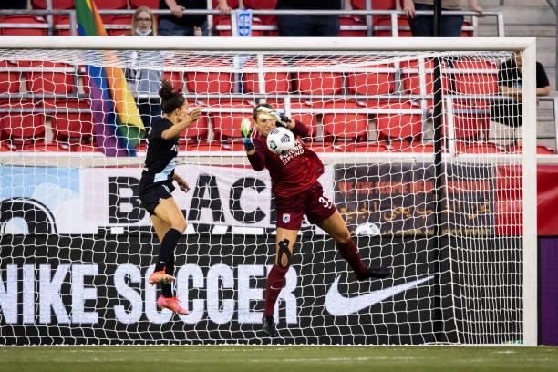 Ella Dederick of OL Reign saves an attempt against Carli Lloyd of NJ//NY Gotham FC during the second half of the game at Red Bull Arena on June 5,...